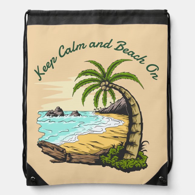 Keep Calm and Beach On Drawstring Bag (Front)