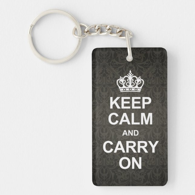 Keep calm and carry on - black damask keychain (Front)