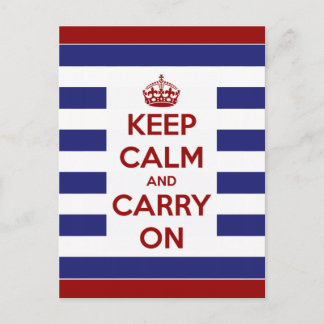 Keep Calm and Carry On Blue and White Stripe Postcard