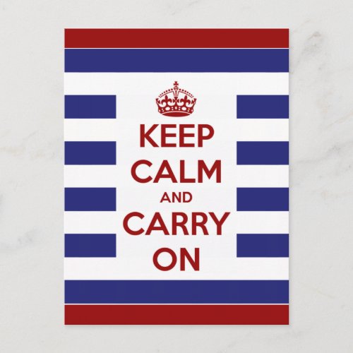 Keep Calm and Carry On Blue and White Stripe Postcard