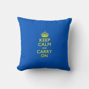 KEEP CALM AND CARRY ON Blue Throw Pillow