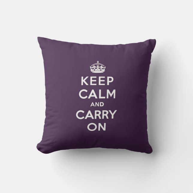 Keep Calm and Carry On Dioxazine Purple Throw Pillow (Front)