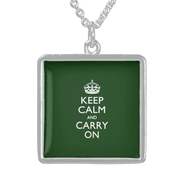 KEEP CALM AND CARRY ON Forest Green Sterling Silver Necklace (Front)