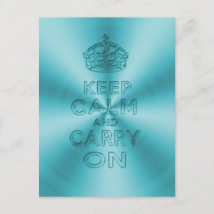 Keep calm and carry on light blue shinning metal postcard