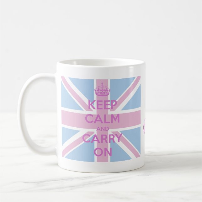 Keep Calm and Carry On Pink and Blue Union Jack Coffee Mug (Left)