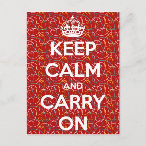 Keep Calm and Carry On Red Retro Pattern Postcard
