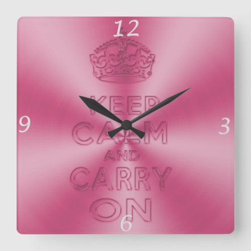 Keep calm and carry on shinning pink tones metal square wall clock