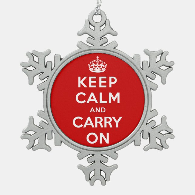 Keep Calm and Carry On Snowflake Pewter Christmas Ornament (Front)