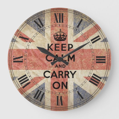 Keep Calm and Carry On with UK  Flag Large Clock