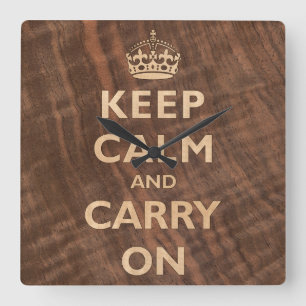 Keep Calm and Carry On Wood Veneer Square Wall Clock