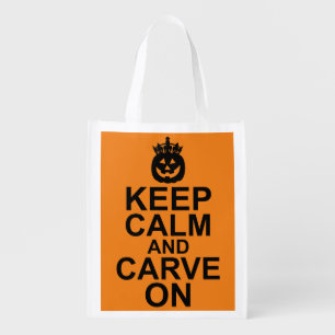Keep Calm and Carve On Halloween Pumpkin Reusable Grocery Bag