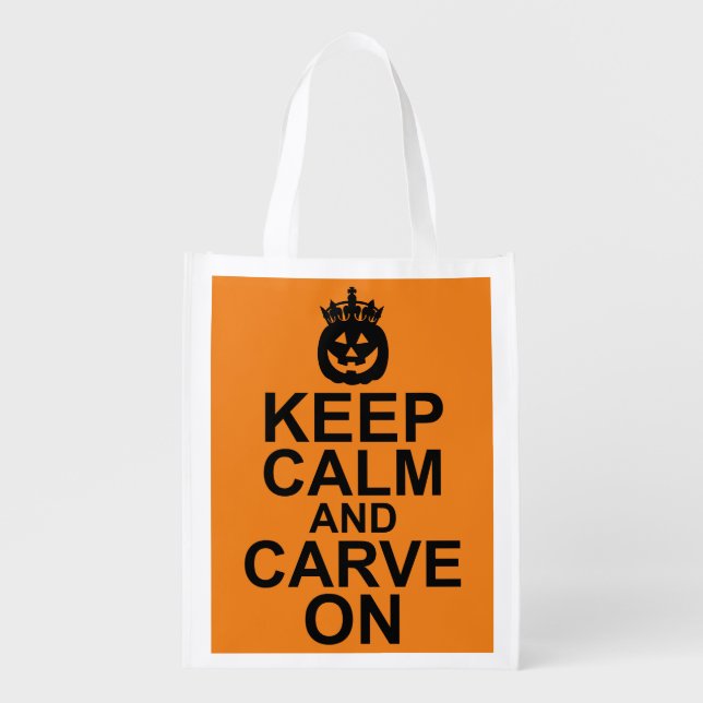 Keep Calm and Carve On Halloween Pumpkin Reusable Grocery Bag (Front)