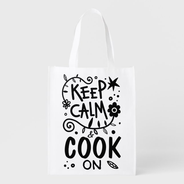 Keep Calm and Cook On Quote Typography Grocery Bag (Front)