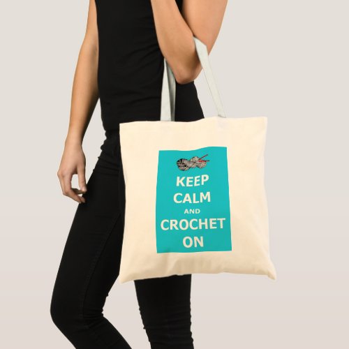 Keep calm and crochet on blue background tote bag