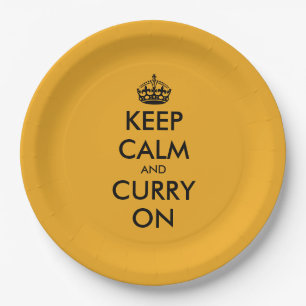 Keep calm and curry on funny yellow paper party plates