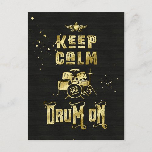 Keep Calm and Drum On Gold Grunge Typography Postcard