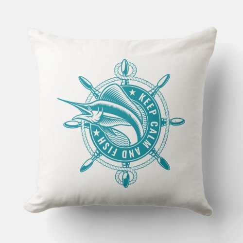 Keep Calm and Fish_Vintage fish badge Throw Pillow