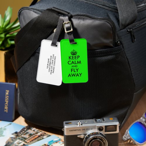 Keep calm and fly away funny neon green travel luggage tag