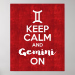 Keep Calm And Gemini On Astrology Red Vintage Poster at Zazzle