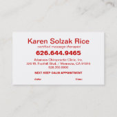 Keep Calm and Get a Massage business card (Back)