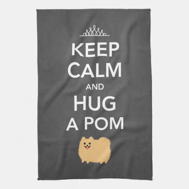 Keep Calm and Hug a Pom - Cute Tan Pomeranian Kitchen Towel (Vertical)