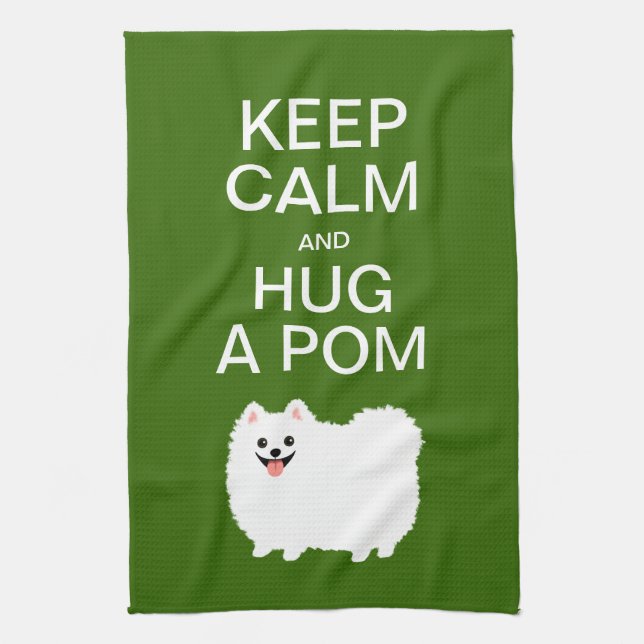Keep Calm and Hug a Pom - Cute White Pomeranian Towel (Vertical)