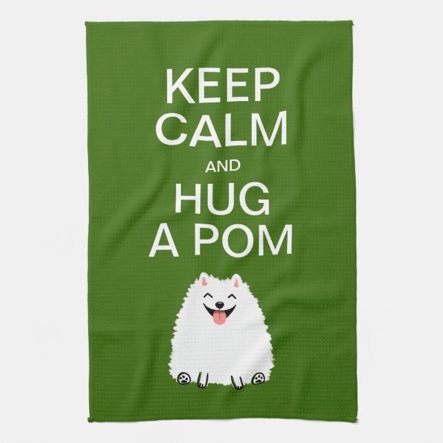 Keep Calm and Hug a Pom - Funny White Pomeranian Towel (Vertical)