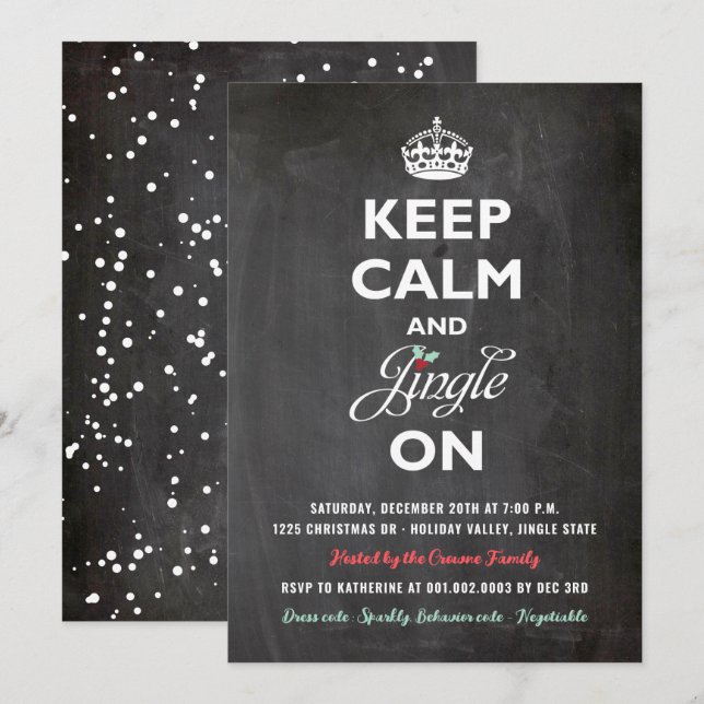 Keep Calm And Jingle On Chalkboard Holiday Party Invitation (Front/Back)