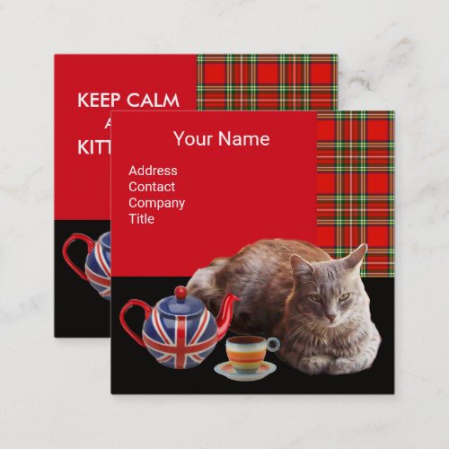 KEEP CALM AND KITTY ON CAT TEA PARTYRED TARTAN SQUARE BUSINESS CARD