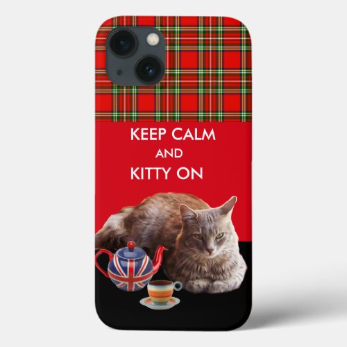 KEEP CALM AND KITTY ON RED TARTAN CAT TEA PARTY iPhone 13 CASE