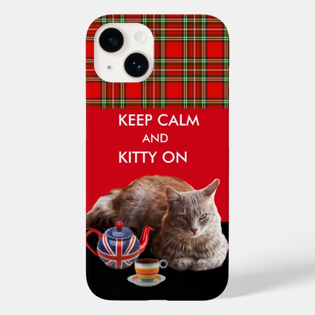 KEEP CALM AND KITTY ON ,RED TARTAN CAT TEA PARTY Case-Mate iPhone CASE (Back)