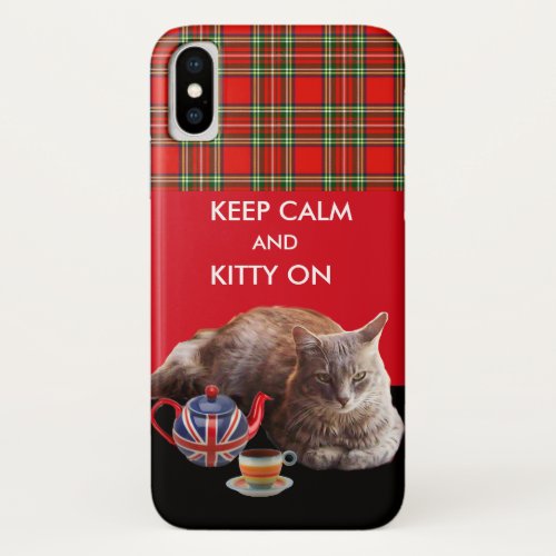 KEEP CALM AND KITTY ON RED TARTAN CAT TEA PARTY iPhone XS CASE