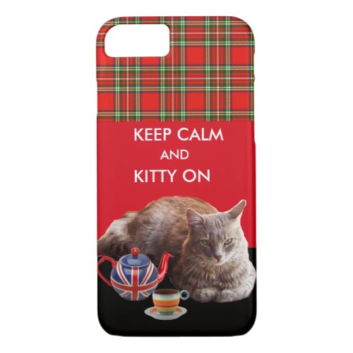 KEEP CALM AND KITTY ON RED TARTAN CAT TEA PARTY iPhone 87 CASE
