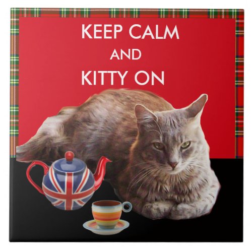 KEEP CALM AND KITTY ON RED TARTAN CAT TEA PARTY CERAMIC TILE