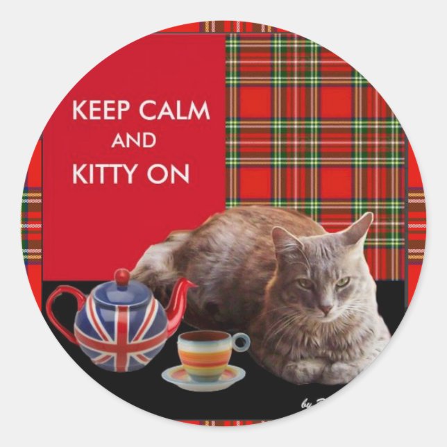 "KEEP CALM AND KITTY ON" ,RED TARTAN,CAT TEA PARTY CLASSIC ROUND STICKER (Front)