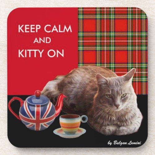 KEEP CALM AND KITTY ON RED TARTANCAT TEA PARTY COASTER