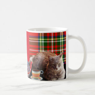 "KEEP CALM AND KITTY ON" ,RED TARTAN,CAT TEA PARTY COFFEE MUG