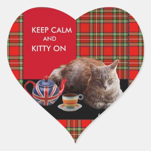 KEEP CALM AND KITTY ON RED TARTANCAT TEA PARTY HEART STICKER