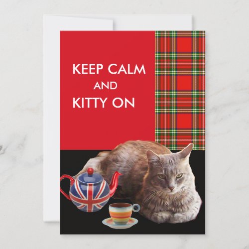 KEEP CALM AND KITTY ON RED TARTANCAT TEA PARTY INVITATION