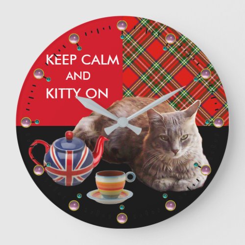 KEEP CALM AND KITTY ON RED TARTANCAT TEA PARTY LARGE CLOCK