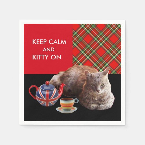 KEEP CALM AND KITTY ON RED TARTANCAT TEA PARTY PAPER NAPKINS