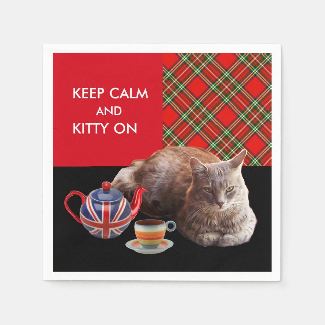 "KEEP CALM AND KITTY ON" ,RED TARTAN,CAT TEA PARTY PAPER NAPKINS (Front)