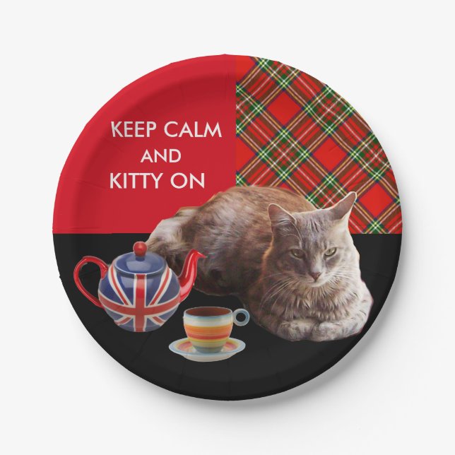 "KEEP CALM AND KITTY ON" ,RED TARTAN,CAT TEA PARTY PAPER PLATES (Front)