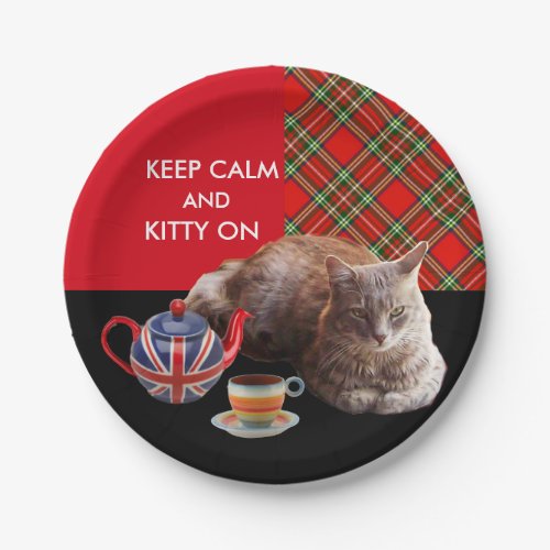 KEEP CALM AND KITTY ON RED TARTANCAT TEA PARTY PAPER PLATES