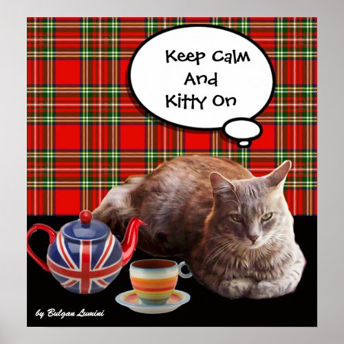 KEEP CALM AND KITTY ON RED TARTANCAT TEA PARTY POSTER