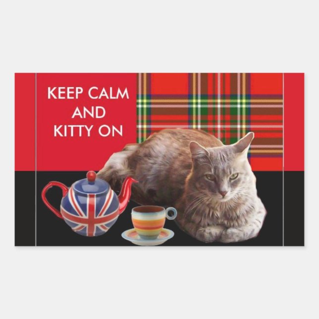 "KEEP CALM AND KITTY ON" ,RED TARTAN,CAT TEA PARTY RECTANGULAR STICKER (Front)