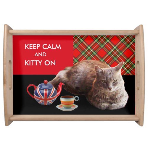 KEEP CALM AND KITTY ON RED TARTAN CAT TEA PARTY SERVING TRAY
