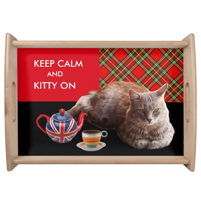 "KEEP CALM AND KITTY ON" ,RED TARTAN CAT TEA PARTY SERVING TRAY (Front)