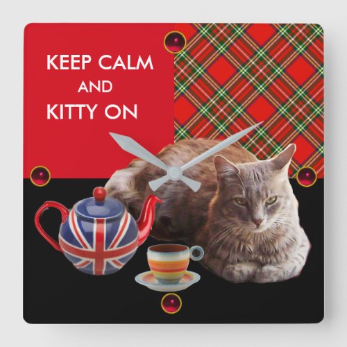 KEEP CALM AND KITTY ON RED TARTAN CAT TEA PARTY SQUARE WALL CLOCK