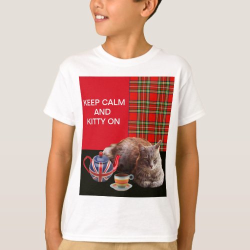 KEEP CALM AND KITTY ON RED TARTANCAT TEA PARTY T_Shirt
